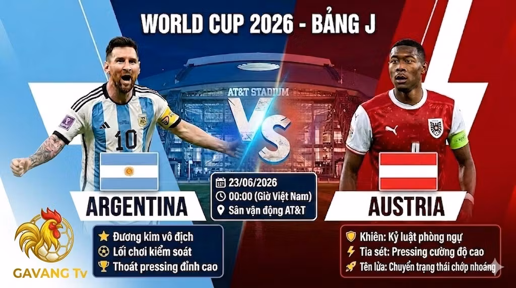Ảnh bìa quảng cáo trận đấu Argentina vs Áo World Cup 2026, Gavang TV. Tỷ số dự kiến 2-1, Messi và Alaba. Các điểm mạnh của Argentina và Áo.
