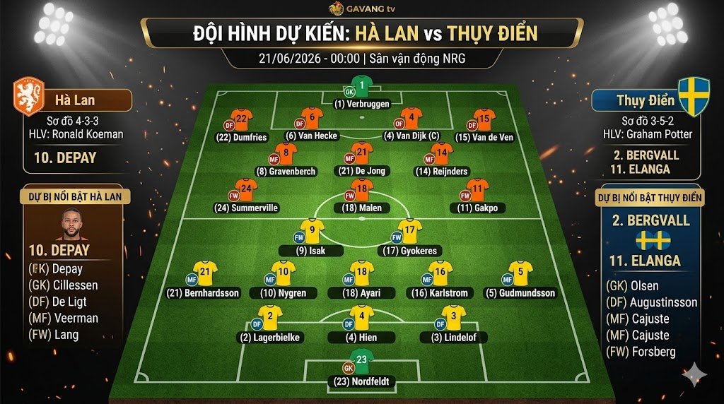 Sơ đồ chiến thuật và đội hình dự kiến trận Hà Lan gặp Thụy Điển: Hệ thống 4-3-3 của Hà Lan đối đầu 3-5-2 của Thụy Điển cập nhật tại Gavang TV.