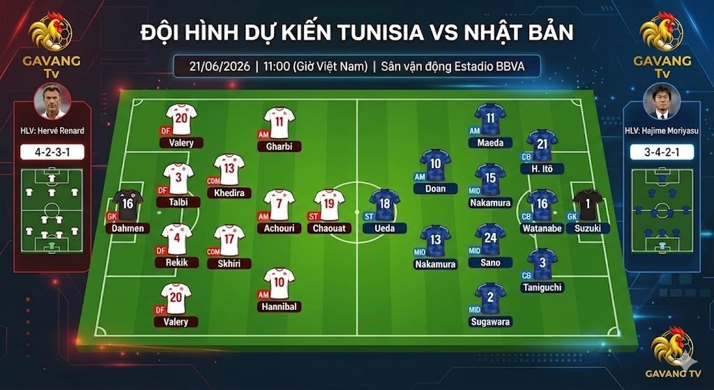 Sơ đồ chiến thuật và đội hình dự kiến trận Tunisia vs Nhật Bản lúc 11h ngày 21/06.