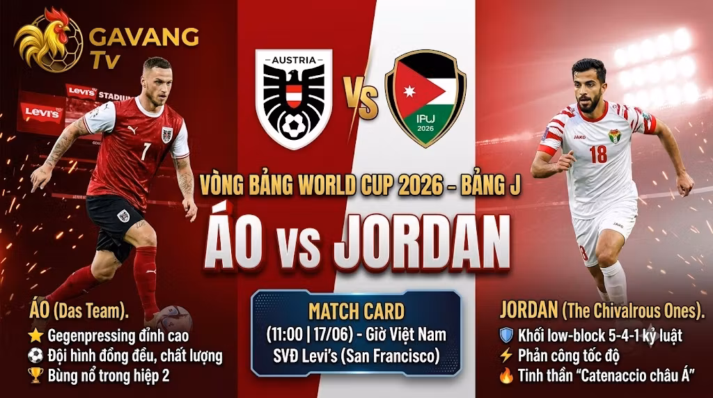 Ảnh bìa nhận định và dự đoán tỷ số trận đấu giữa đội tuyển Áo vs Jordan tại vòng bảng World Cup 2026 trên kênh Gavang TV.