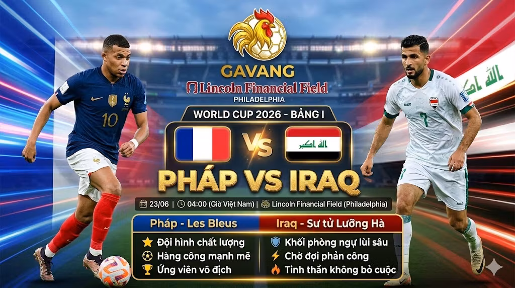 Ảnh bìa nhận định bóng đá trận Pháp vs Iraq tại bảng I World Cup 2026, phân tích chi tiết và dự đoán tỷ số trên Gavang TV.