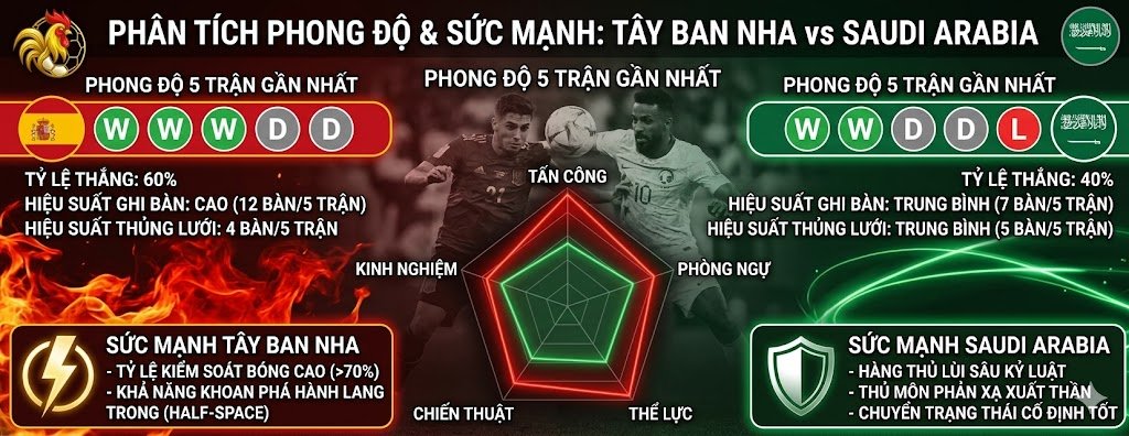 Phân tích phong độ, thống kê sức mạnh Tây Ban Nha và Saudi Arabia trước thềm đối đầu.